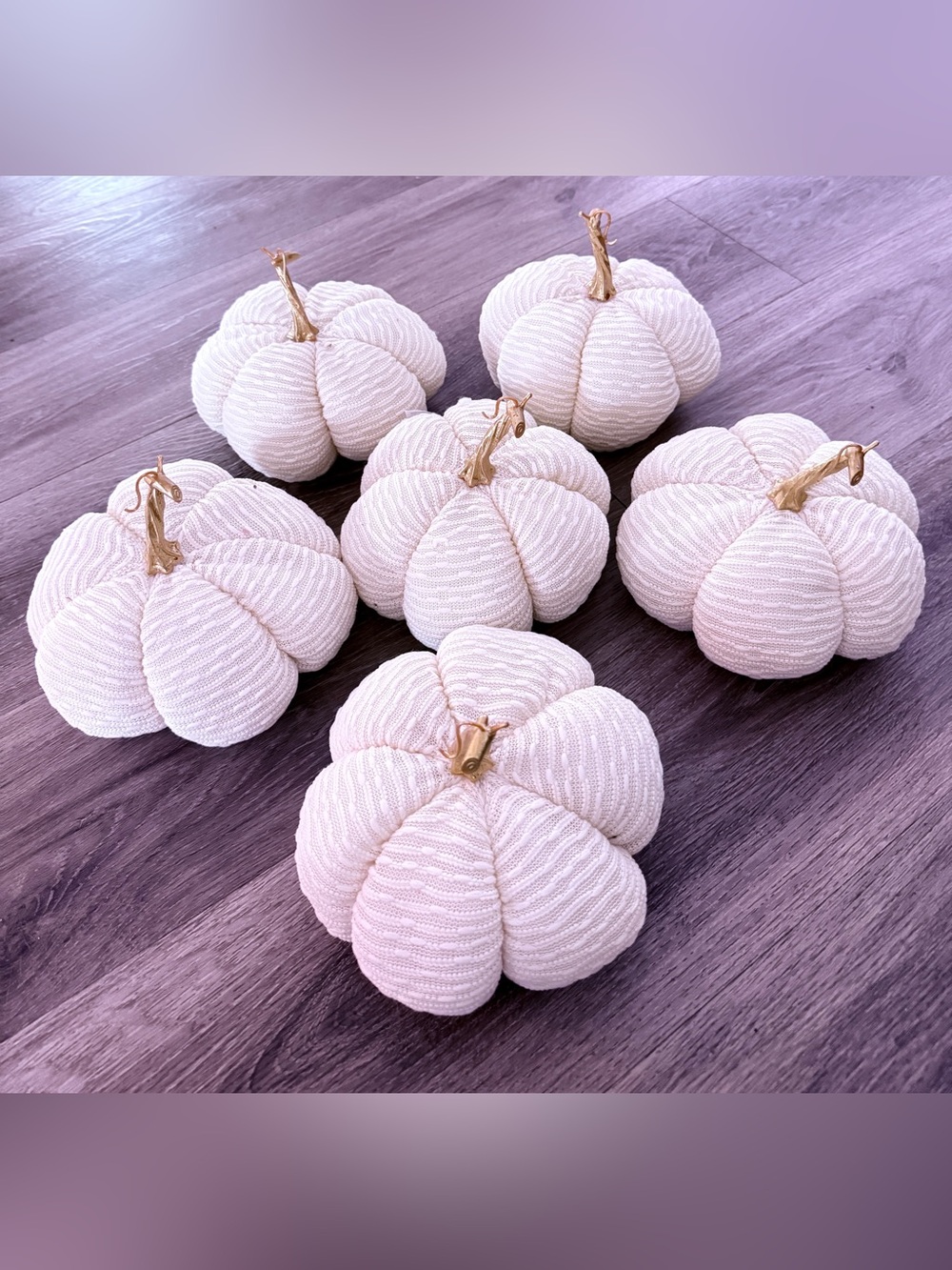 Lot of 6 Cream Chunky Knit Pumpkins Gold Stems Fall Autumn Decor 6"x4"